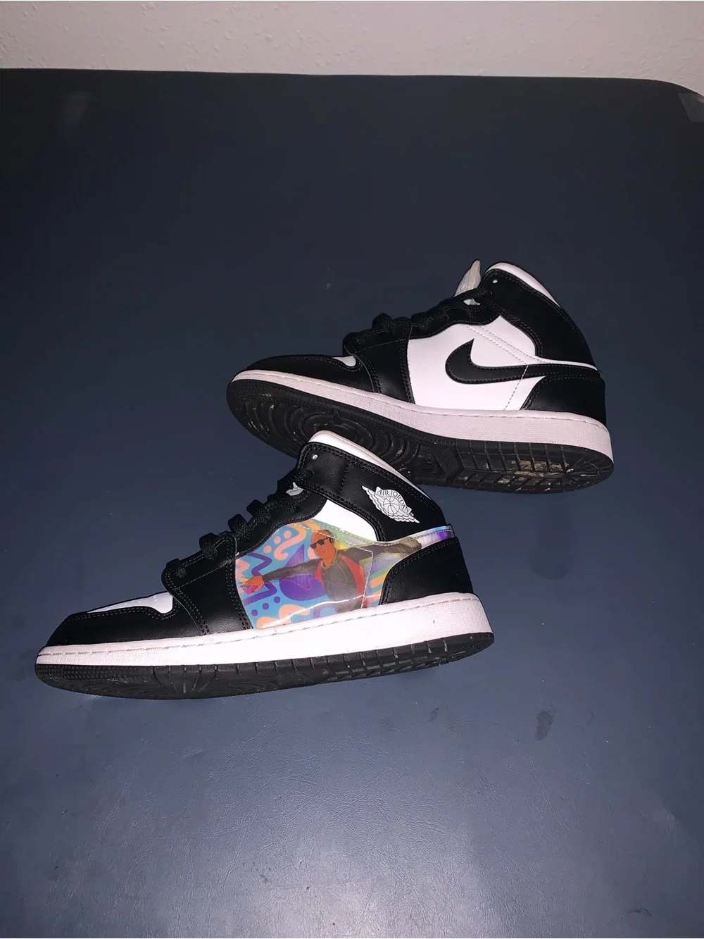 Jordan Kids Black and White Sneakers with Multicolor Holographic Panel